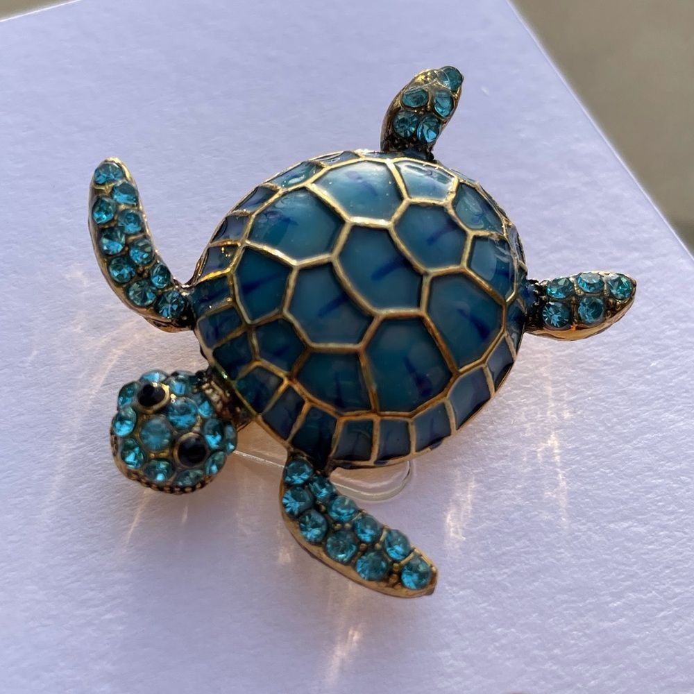Blue and Gold Turtle Brooch Pin beach vacation boho jewelry gift